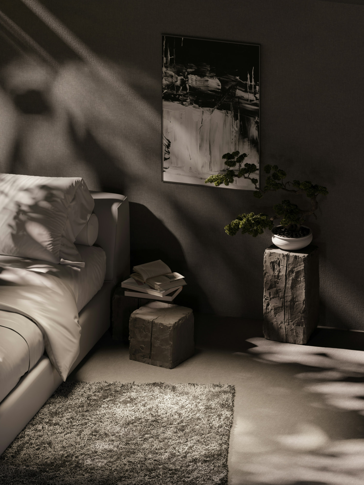 Serene luxury bedroom with layered linens and curated art